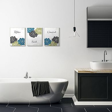 Stupell Industries Relax Soak Unwind Bathroom Flower Word 3-piece Stretched Canvas Art Set by Ziwei Li