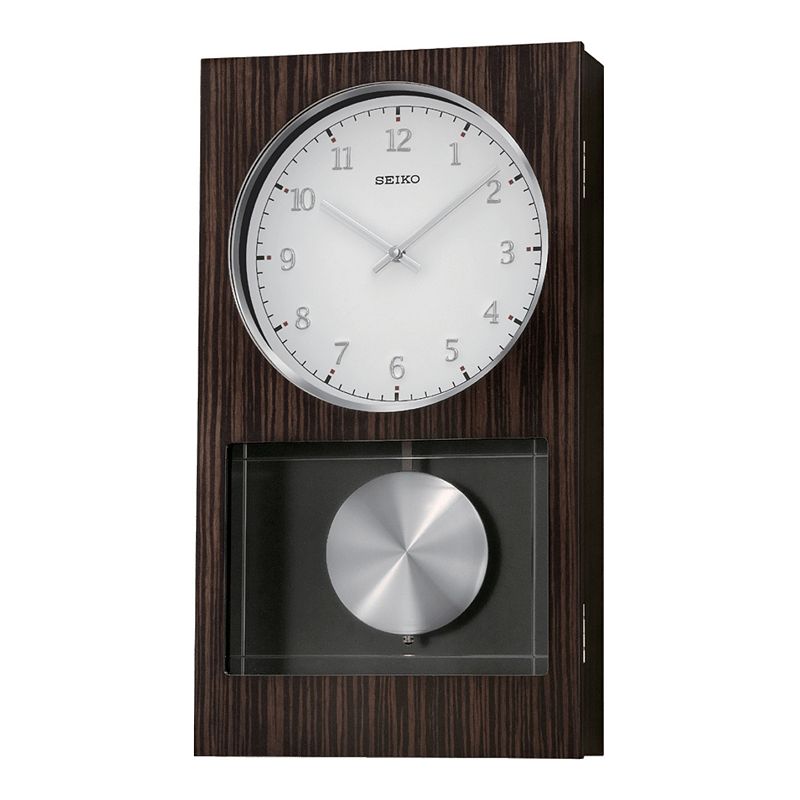 Seiko Modern Dark Brown Modern Wooden Wall Clock w/ Pendulum and Dual Chimes Rectangle Quartz Analog QXH046BLH