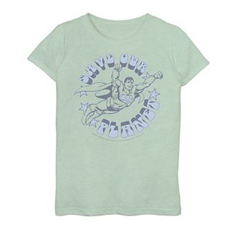 Girls 7-16 DC Comics Superman Save Our Planet Circle Text Poster Graphic Tee