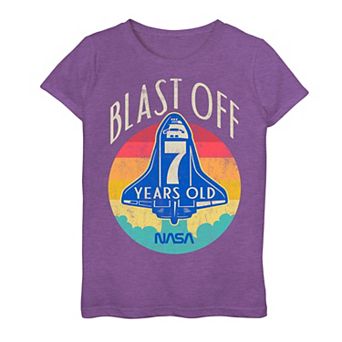 Girls 7-16 NASA Space Shuttle Blast Off 7th Birthday Retro Portrait Graphic Tee