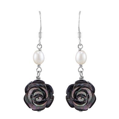 Freshwater by HONORA Sterling Silver Black Mother-of-Pearl Flower & Freshwater Cultured Pearl Drop Earrings