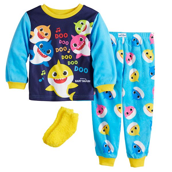 Toddler Baby Shark Colorful 2 Piece Fleece Pajama Set With Socks