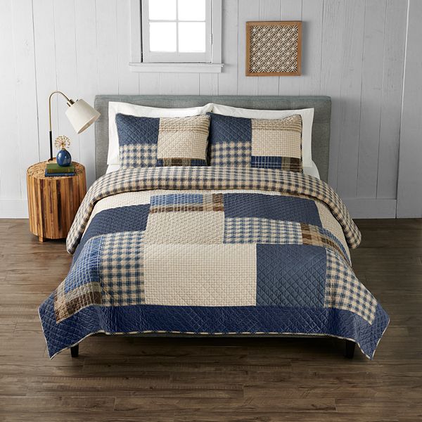 Cuddl Duds® Heavyweight Flannel Quilt Set Navy Patchwork (FULL/QUEEN