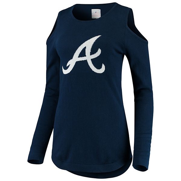 Women's Navy Atlanta Braves Logo Cold Shoulder Sweater
