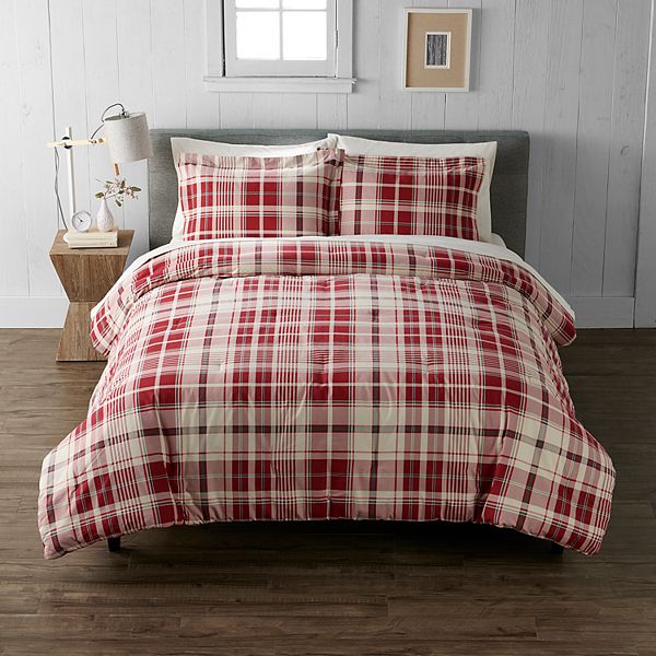 Cuddl Duds Red Ivory Plaid Heavyweight, Twin Flannel Duvet Cover Set