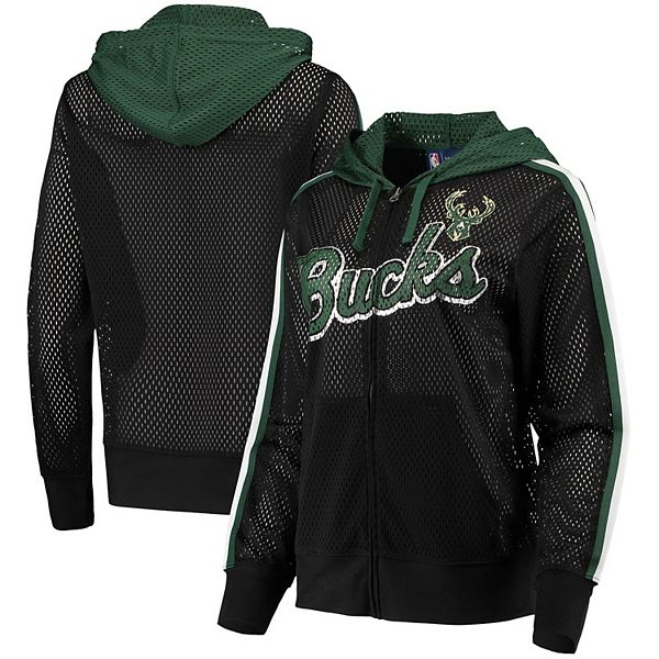 Women's G-III 4Her by Carl Banks Black Milwaukee Bucks Top of the Key Foil  Mesh Full-Zip Hoodie