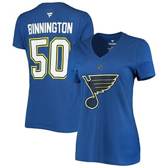 Women's Fanatics Branded Jordan Binnington Blue St. Louis Blues Team Authentic Stack Name & Number V-Neck T-Shirt