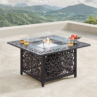 Outdoor Square Fire Table & Swivel Rocking Chair 5-piece Set