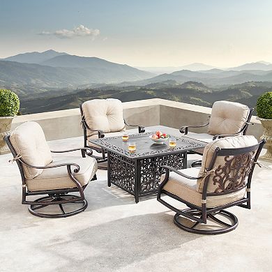 Outdoor Square Fire Table & Swivel Rocking Chair 5-piece Set