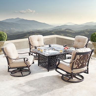 Outdoor Square Fire Table & Swivel Rocking Chair 5-piece Set