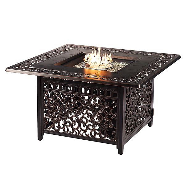 42&#34; Square Aluminum Outdoor Propane Traditional Fire Table with Propane Tank &#38; Table Covers - Oakland Living: Weather-Resistant, 55000 BTU
