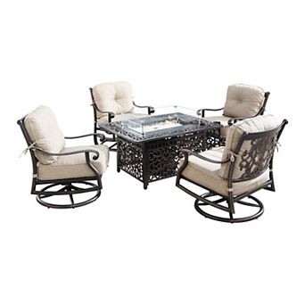 Outdoor Rectangular Fire Table & Swivel Rocking Chair 5 pc Set