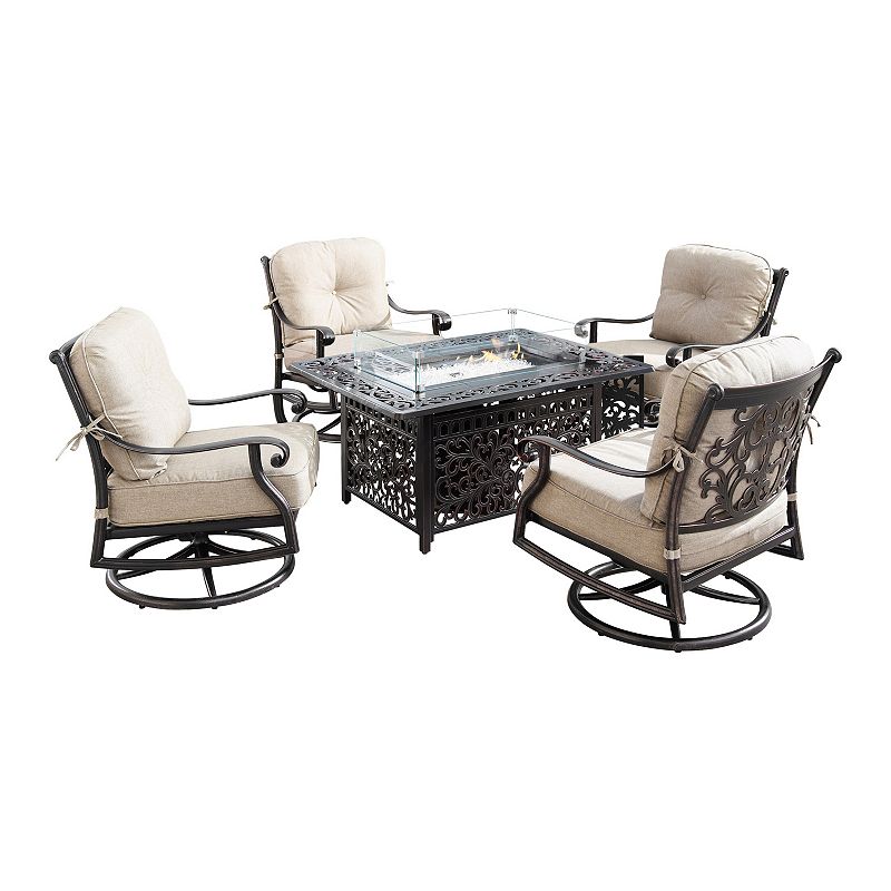 Outdoor Rectangular Fire Table & Swivel Rocking Chair 5-piece Set, Black