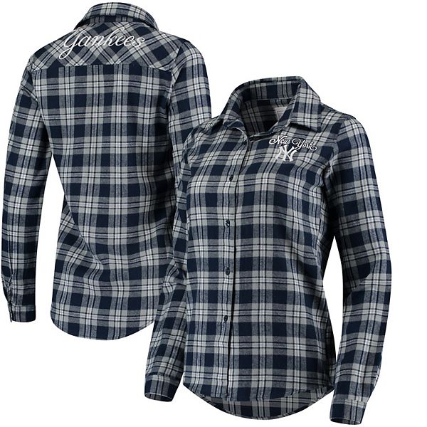 New York Yankees Large Check Flannel Button-Up Long Sleeve Shirt - Gray/Navy