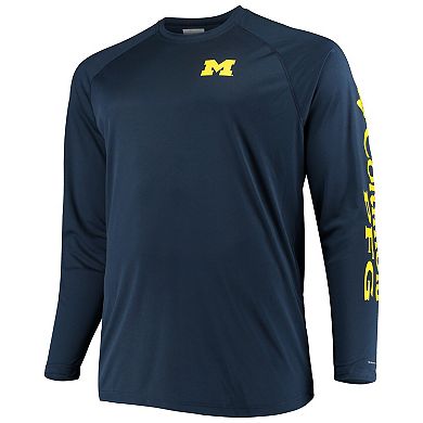 Men's Columbia Navy Michigan Wolverines Big & Tall Terminal Tackle Long Sleeve Omni-Shade T-Shirt