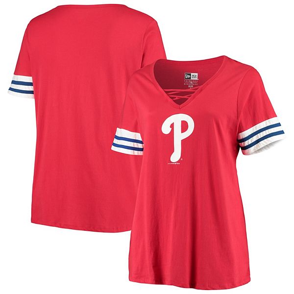 Women's New Era Red Philadelphia Phillies Plus Size Stripes Baby Jersey  V-Neck T-Shirt