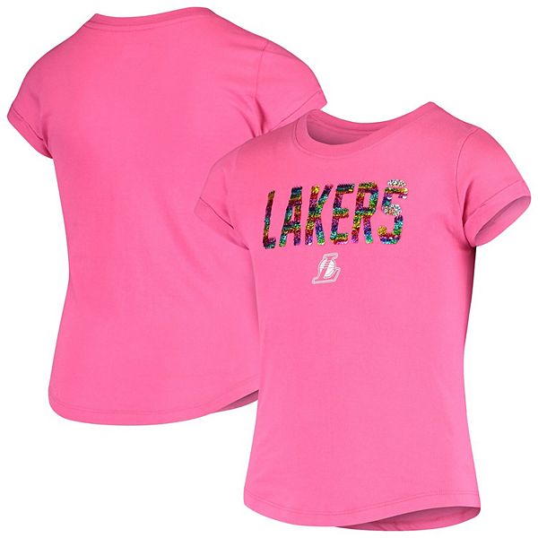 Girls Youth New Era Pink Los Angeles Lakers Sequin Logo Baby Jersey T-Shirt