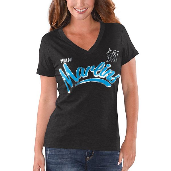 Women's G-III 4Her by Carl Banks Heathered Black Miami Marlins Good Day  V-Neck T-Shirt