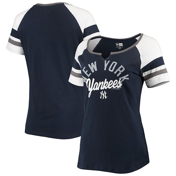 Women's New Era Navy New York Yankees Striped Sleeve V-Notch T-Shirt