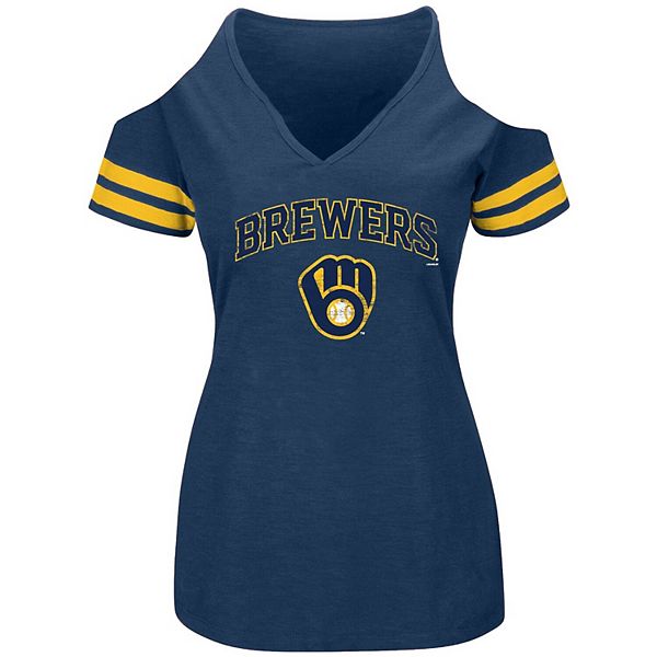 Women's Heathered Navy Milwaukee Brewers Plus Size Cold Shoulder T-Shirt
