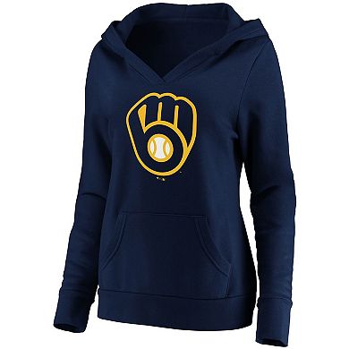 Women's Fanatics Branded Navy Milwaukee Brewers Official Logo Crossover V-Neck Pullover Hoodie