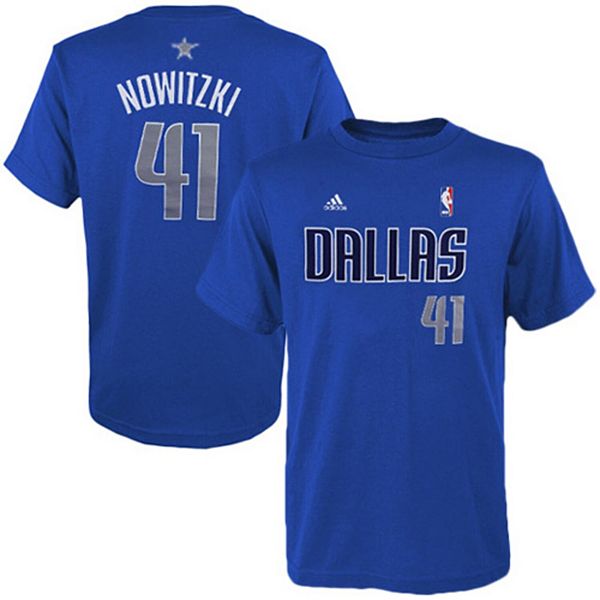 Youth adidas Dirk Royal Dallas Mavericks Game Time Flat Name & Number T-Shirt