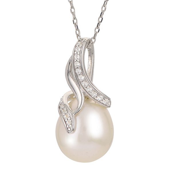 PearLustre by Imperial Sterling Silver Freshwater Cultured Pearl & White  Topaz Pendant Necklace