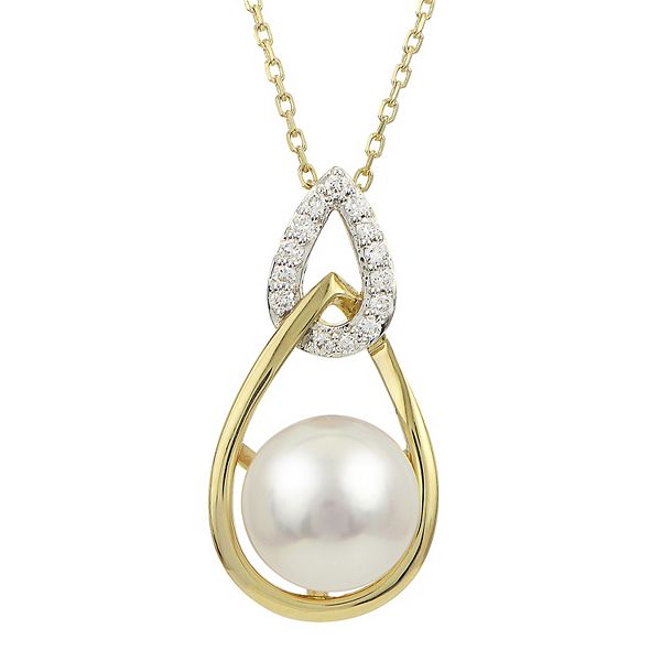 THE PEARL SOURCE 14K Gold Akoya Cultured Pearl & Diamond Pendant Necklace For Women - 18" Chain, 8.5-9mm Pearl
