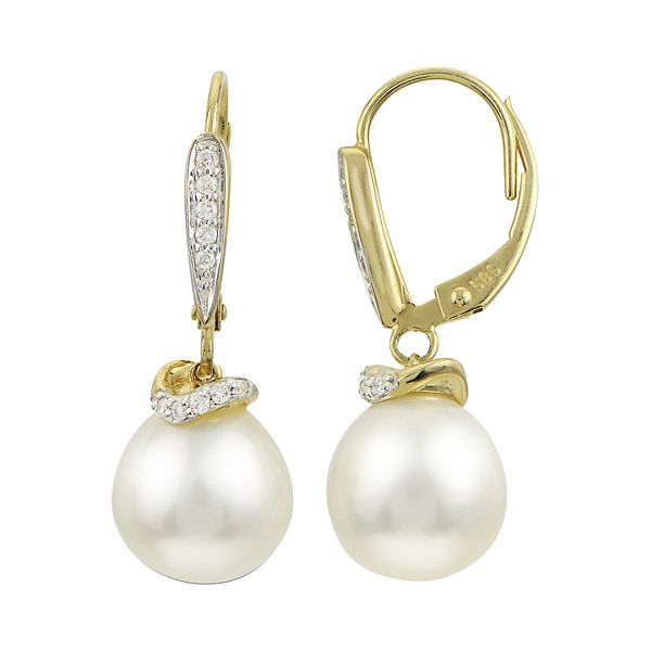 14K White Gold & Yellow Gold Diamond-Accented 8mm-8.5mm AAAA White  Freshwater Cultured Pearl Lever-Back Bridal Dangle Drop Earrings (.085ctw,  G-H