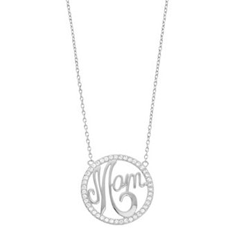 Rosabella Sterling Silver Cubic Zirconia Mom Script Circle Link Necklace
