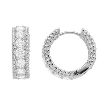 Rosabella Sterling Silver Cubic Zirconia Rope Trim Huggie Hoop Earrings