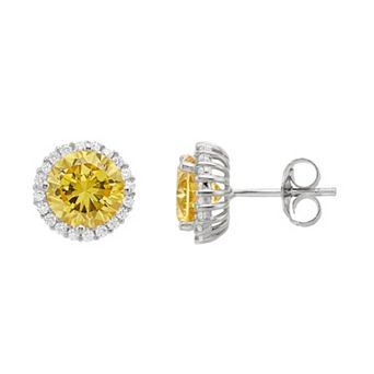 Rosabella Sterling Silver Yellow & White Cubic Zirconia Round Halo Stud Earrings
