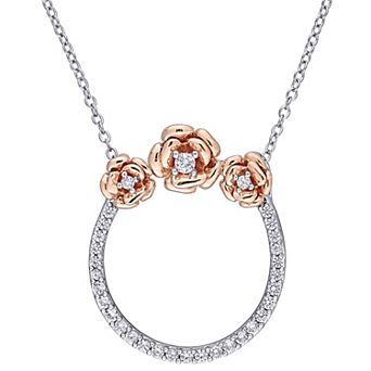 Stella Grace Two-Tone Sterling Silver Lab-Created White Sapphire Rose & Circle Pendant Necklace