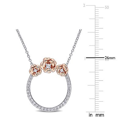 Stella Grace Two-Tone Sterling Silver Lab-Created White Sapphire Rose & Circle Pendant Necklace