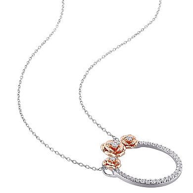 Stella Grace Two-Tone Sterling Silver Lab-Created White Sapphire Rose & Circle Pendant Necklace