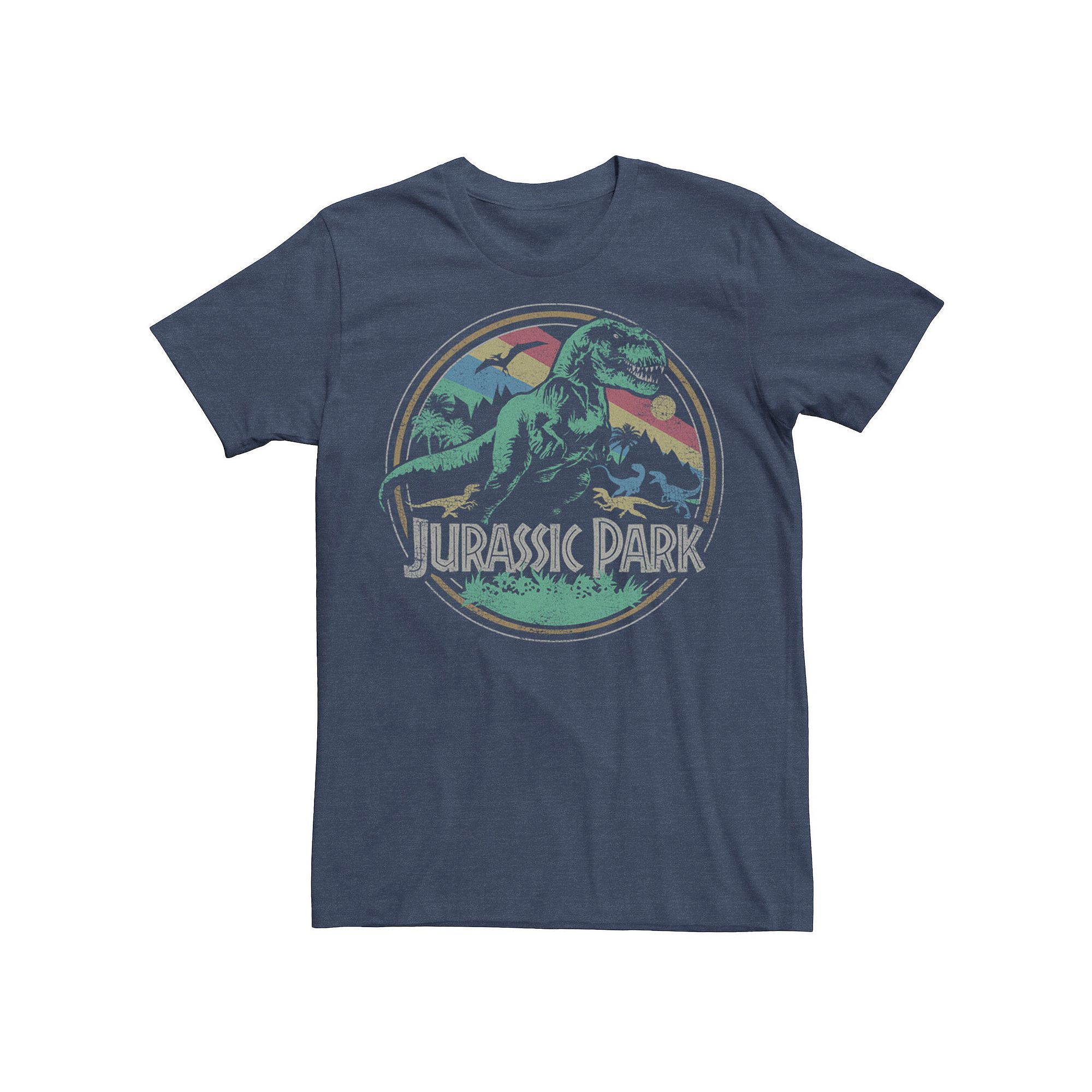 Mens Jurassic Park T Rex Distressed Retro Logo Tee, Size: Small, Navy Grey
