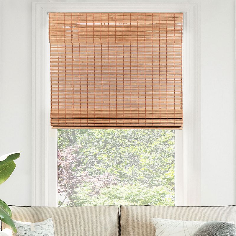 Chicology Premium True-to-Size Brown Squirrel Cordless Light Filtering Natural Woven Bamboo Roman Shade 39 in. W x 64 in. L