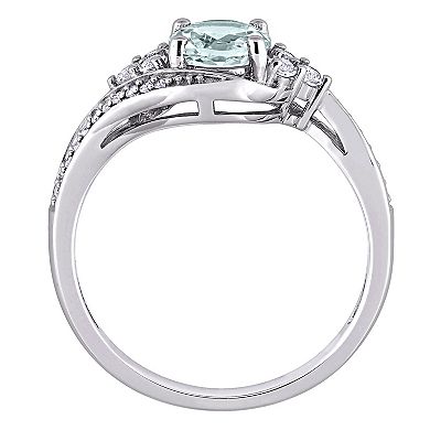 Stella Grace 10K White Gold Aquamarine, White Topaz & 1/10 Carat T.W. Diamond Ring