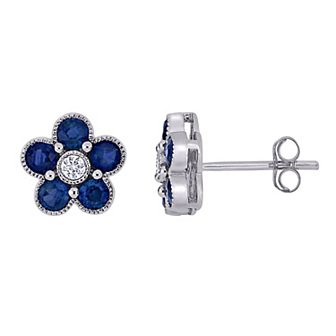 Stella Grace 14K White Gold Sapphire & 1/10 Carat T.W. Diamond Flower Stud Earrings