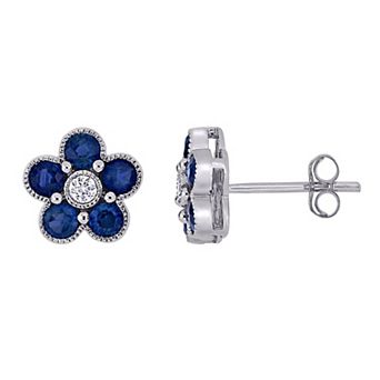 Stella Grace 14K White Gold Sapphire & 1/10 Carat T.W. Diamond Flower Stud Earrings