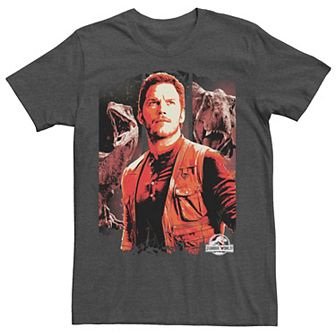 Men's Jurassic World Two Owen and Dinosaurs Red Hue Panel Portrait Tee