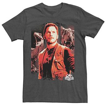 Men's Jurassic World Two Owen and Dinosaurs Red Hue Panel Portrait Tee
