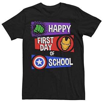 Men's Marvel Avengers Happy First Day Of School Text Tee