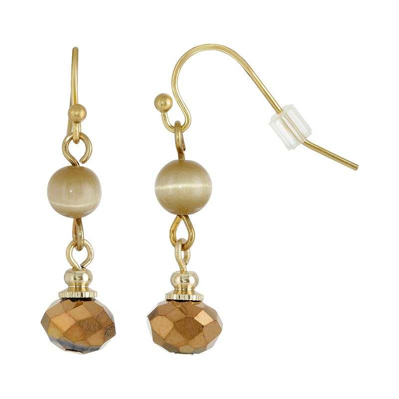 1928 Gold Tone Light Brown Bead Wire Drop Earrings, Womens