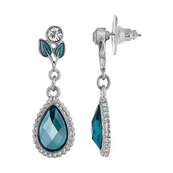 1928 Silver Tone Blue Leaf Teardrop Earrings