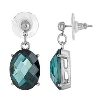 1928 Silver Tone Blue Oval Faceted Drop Earrings