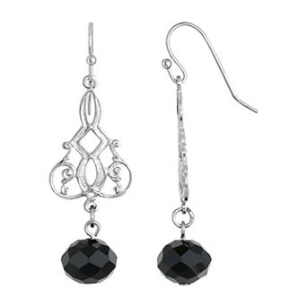 1928 Silver Tone Black Bead Filigree Drop Earrings