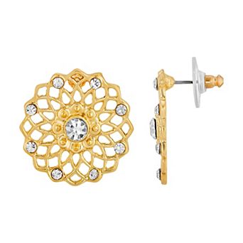 1928 Gold Tone Simulated Crystal Large Filigree Button Earrings