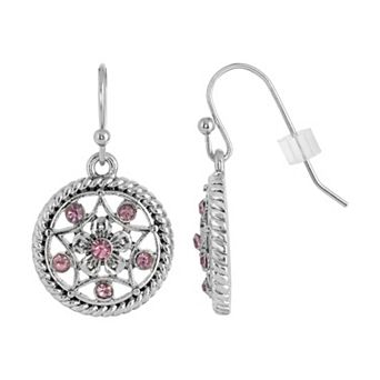 1928 Silver Tone Light Purple Round Filigree Drop Earrings