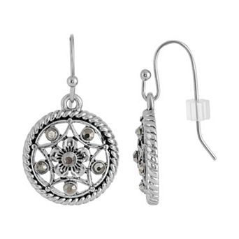 1928 Silver Tone Hematite Round Filigree Drop Earrings